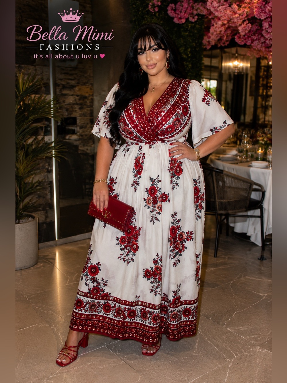 New Bohemian Cream & Red Floral V-Neck Maxi dress size 22/24 3X 🌺 BRB SL 2